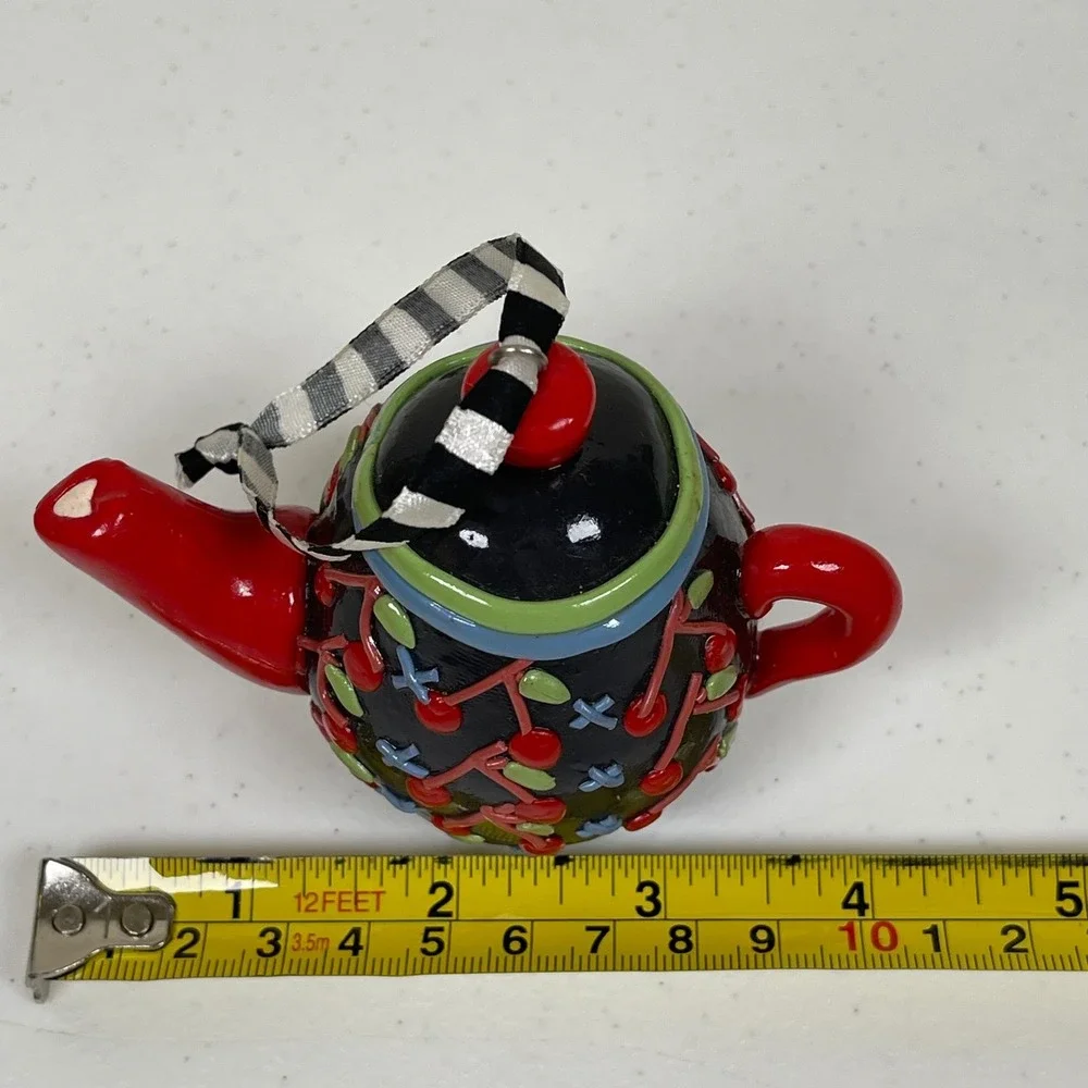Mary Engelbreit Teapot Christmas Ornament Black Red Cherry Print Whimsy Kitsch